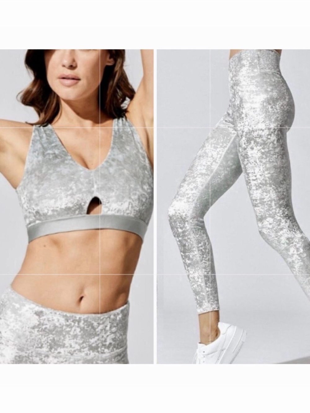 HEROINE SPORT Crush Velvet Sports Bra Legging Set Medium Gray Silver